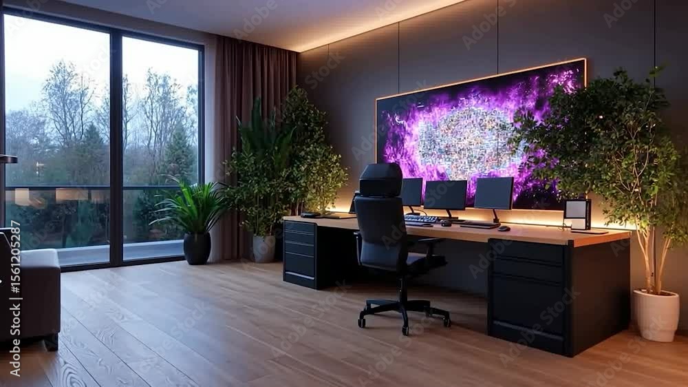 Poster modern office interior with a large window, desk, and multiple computer monitors. plants and ambient