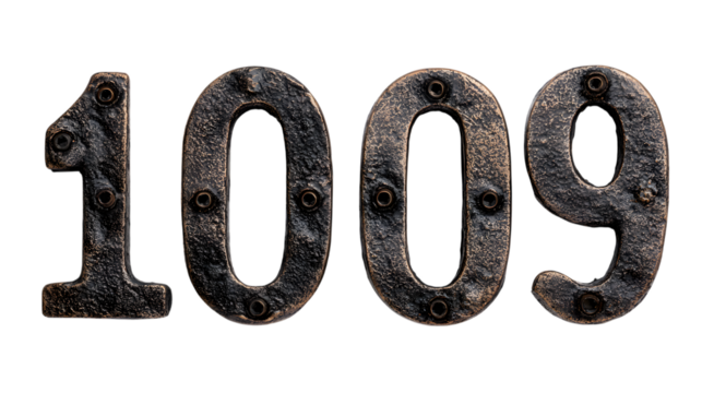 Photo of closeup view of four bronze metal numbers, 1009, isolated on transparent background, showing detail and texture