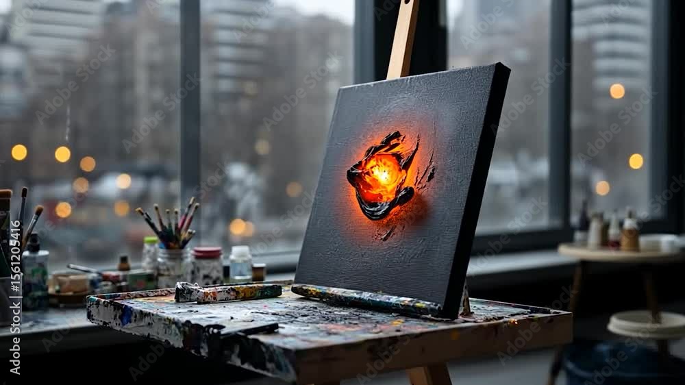 Poster abstract painting on canvas with a textured surface illuminated with warm orange light with art supp