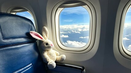 A soft toy rabbit resting on an airplane seat, gazing out at the fluffy clouds and blue sky