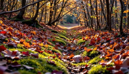 a beautiful autumn scene with a mossy woodland trail covered in fallen leaves in shades of bronze and burgundy, shadowed by overhanging branches, under a warm afternoon glow.