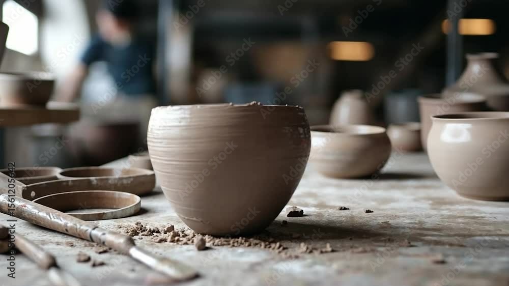 Poster close-up view of a handcrafted clay pot on a wooden table inside a pottery studio with other clay ve