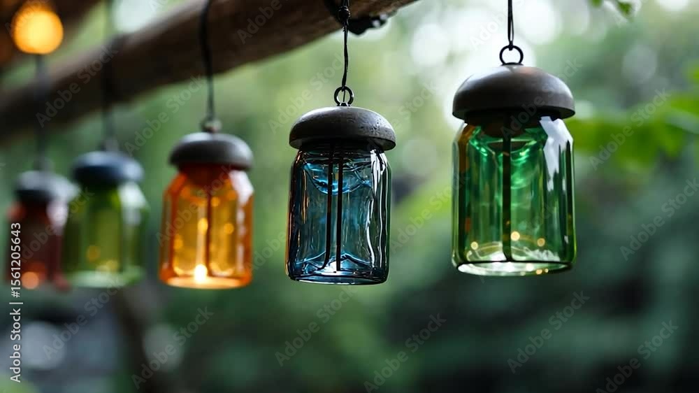 Poster colorful glass lanterns hanging from a tree branch illuminated against a blurred green background cr
