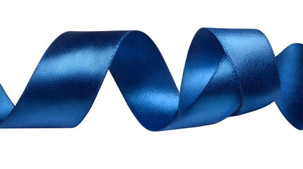 Photo of a blue satin ribbon elegantly curled and twisted, isolated on transparent background