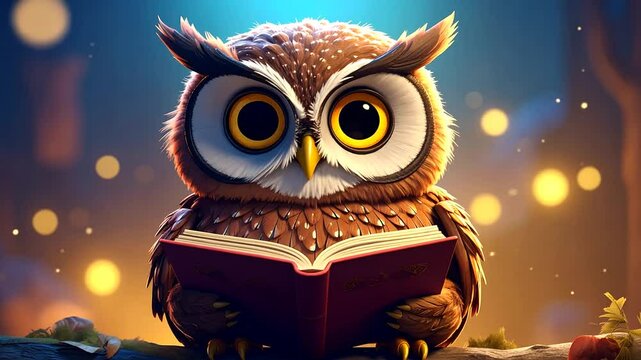 Cute Owl Reading Book In The Night