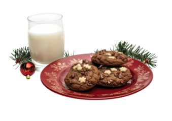 Christmas plate with cookies and milk surrounded by pine branches isolated on a transparent background