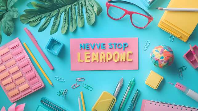A vibrant and organized display of stationery items with a central note saying never stop learning