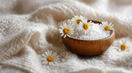 Chamomile bath salts on knitted fabric.