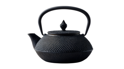 Photo of a black cast iron teapot with a textured surface is isolated on transparent background