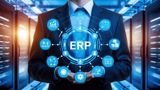 Businessman in server room holds a holographic ERP system with various business icons. - Powered by Adobe