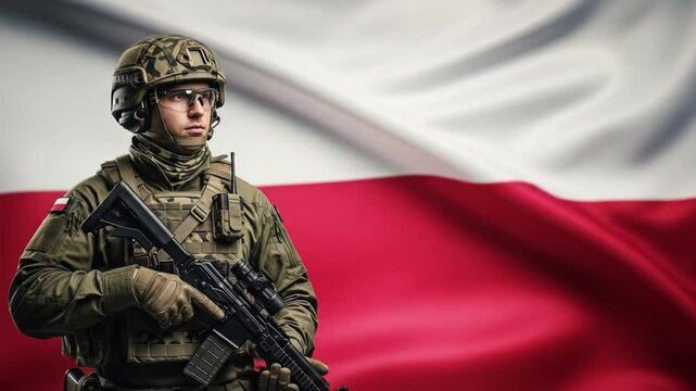 Polish soldier standing guard in full military gear in front of national flag