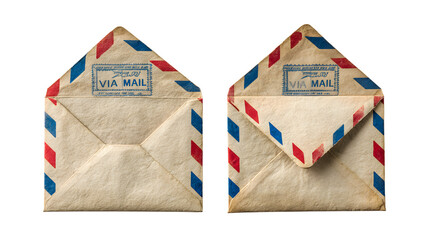 Photo of two vintage airmail envelopes with via air mail text, isolated on transparent background