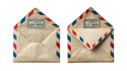 Photo of two vintage airmail envelopes with via air mail text, isolated on transparent background