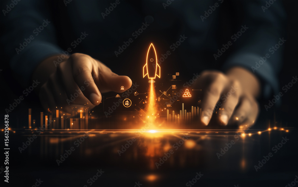 Poster hands hovering over glowing rocket launch with digital graph and icons