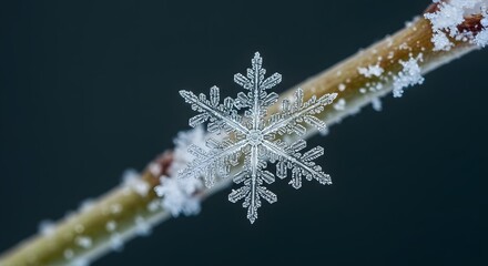 Intricate snowflake crystal delicately perched on a slender, frosted twig, showcasing its detailed structure