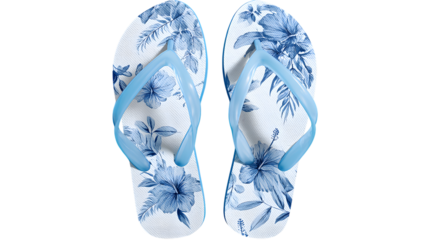 Photo of pair of stylish blue and white floral flipflops, isolated on transparent background, ideal for summer beach style