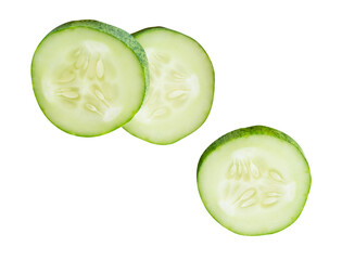 Top view set of fresh green cucumber slices in circle shape in stack isolated with clipping path in png file format