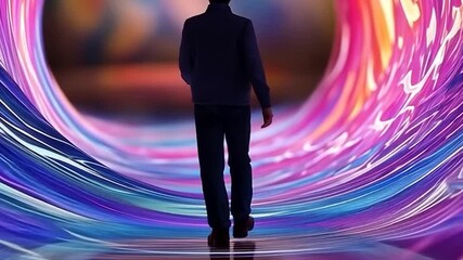 Man walking into a vibrant colorful tunnel abstract background of neon lights and glowing digital waves reflecting on a reflective surface creating a sense of motion and depth