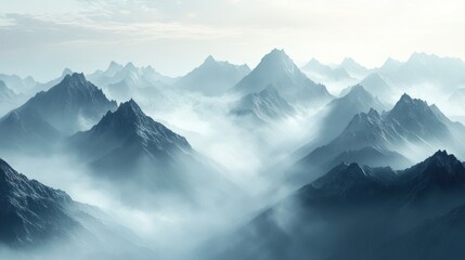 Mystical Mountain Range View with Layers of Fog and Dreamy Atmosphere
