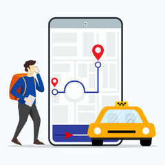 A Tourist using smartphone to tracking route for booking taxi.