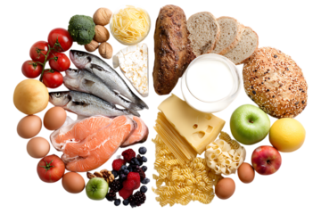 Circular composition of food and some vegetables, fruits, fish with bread, cheese, eggs