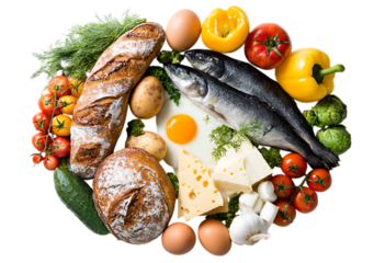 Circular composition of food and some vegetables, fruits, fish with bread, cheese, eggs