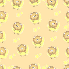 Hand drawn seamless pattern with lion animal. Perfect for kids fabric, textile, nursery wallpaper. Cute animals design. Vector illustration.