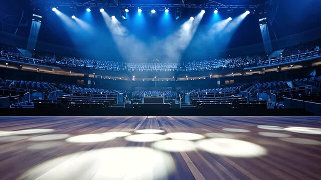 A vibrant concert stage illuminated with blue lights, showcasing an empty arena filled with seats