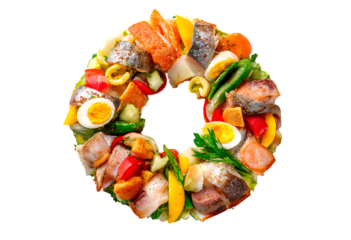 Food in the shape circle, with different types of vegetables and fruits such as fish meat bread eggs pasta salad, top view.