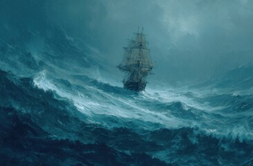 Obraz premium Lone sailing ship braves a tempestuous ocean, battling fierce waves and a stormy sky.