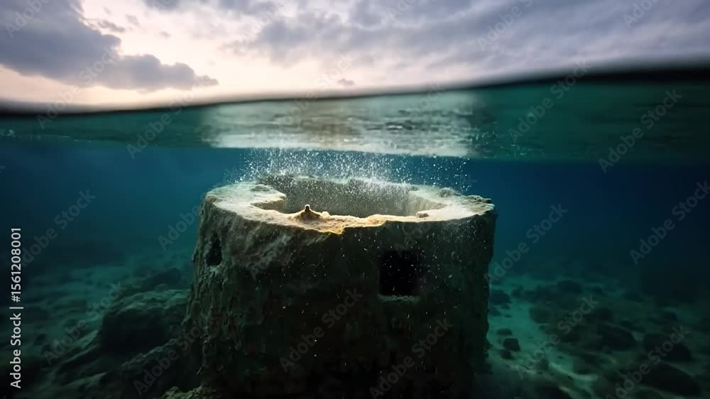 Poster underwater view of a circular structure submerged with an opening. sun rays illuminate the structure