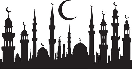Fototapeta premium Silhouette of a mosque cityscape featuring crescent moons and islamic architectural elements