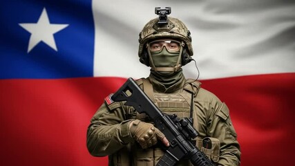 Military soldier standing in front of the chile national flag with combat gear and weapon - Powered by Adobe