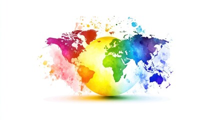 Fototapeta premium Colorful world map design on a sphere, with radiating paint splatters.