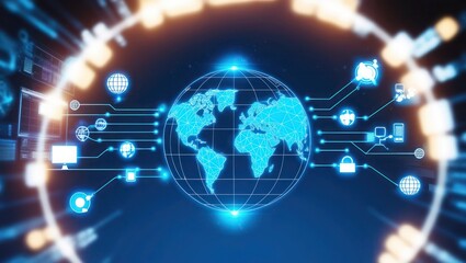 Global interconnected network, digital world map, technology, data flow, illuminated connections.