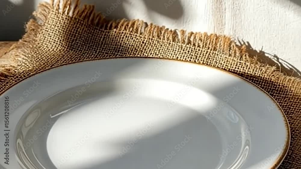 Poster close-up shot of a white plate with a gold rim resting on a rustic brown burlap placemat. the settin