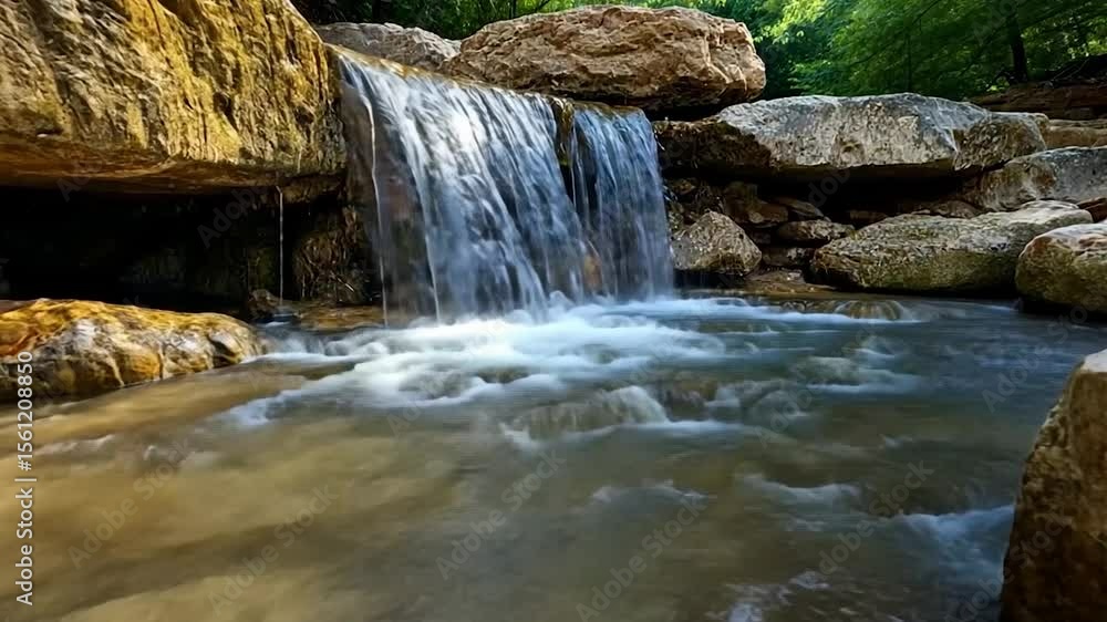 Poster water cascading over rocks creating a serene natural waterfall in a lush environment the water flows