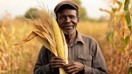 Mature farmer stands in a cornfield holding an ear of corn.