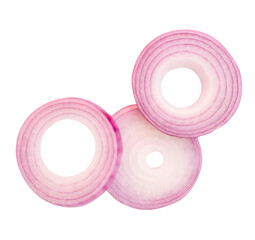 Top view of fresh red or purple onion rings or slices in stack isolated with clipping path in png file format