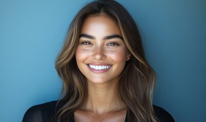 Naklejka premium Woman with makeup smiling against blue background, showcasing her flawless makeup and confident expression, Generative AI