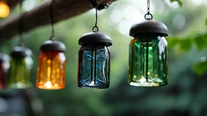 Colorful glass lanterns hanging from a tree branch with a blurred green foliage background creates a festive and vibrant outdoor scene - Powered by Adobe