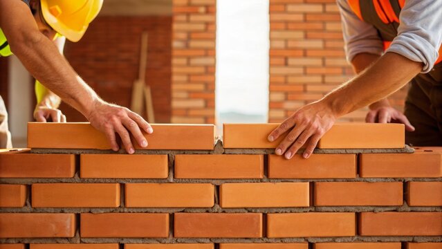 Joint effort leads to great results. Construction workers laying bricks for a building project, showcasing teamwork and craftsmanship.
