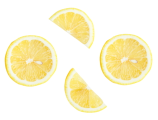 Top view set of fresh ripe yellow lemon fruits in halves and slices or quarters isolated with clipping path in png file format