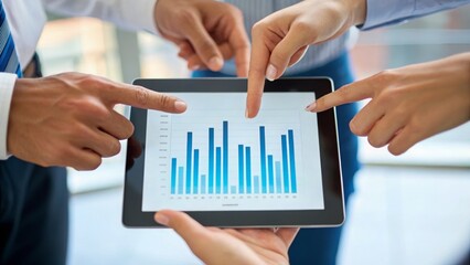 Joint effort leads to great results. Business professionals analyzing data on a tablet, pointing at a bar graph together.