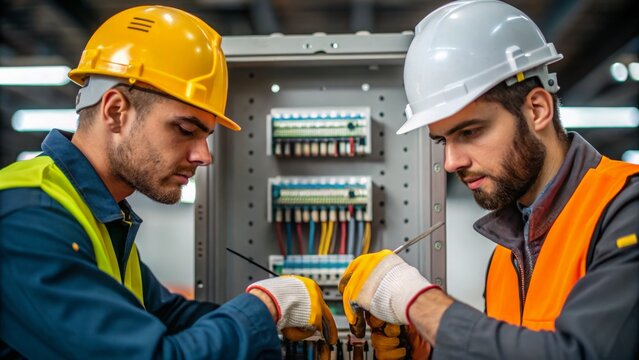 Joint effort leads to great results. Two electricians working together on a control panel, showcasing teamwork and professionalism in a modern setting.