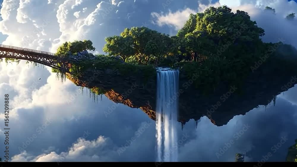 Poster scenic video of a floating island with a waterfall cascading into fluffy clouds. trees and a wooden 
