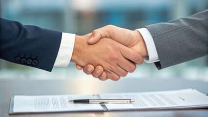 Joint effort leads to great results. Business professionals shaking hands over a contract on a table.