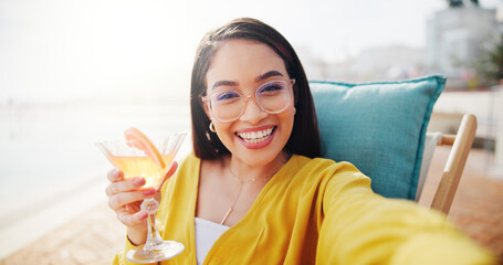 Portrait, selfie and woman with alcohol on vacation, smile or photography of summer break or travel. Happy, traveller and person with cocktail on holiday, picture and memory of trip in California