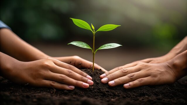 Joint effort leads to great results. A fresh green plant emerges from rich soil, nurtured by hands working together in harmony.