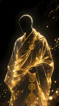 Traditional Male Costume Series : Bhuddist Monk  Kasaya from Tibet, a splendid and beautiful illustration with dark background and golden light particles outline 002